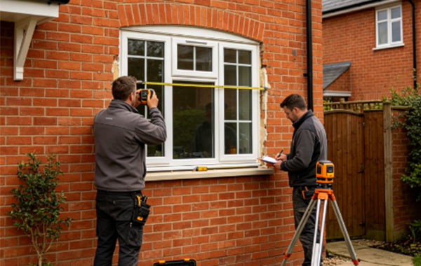 Professional surveyor conducting on-site measurement for custom door and window solutions